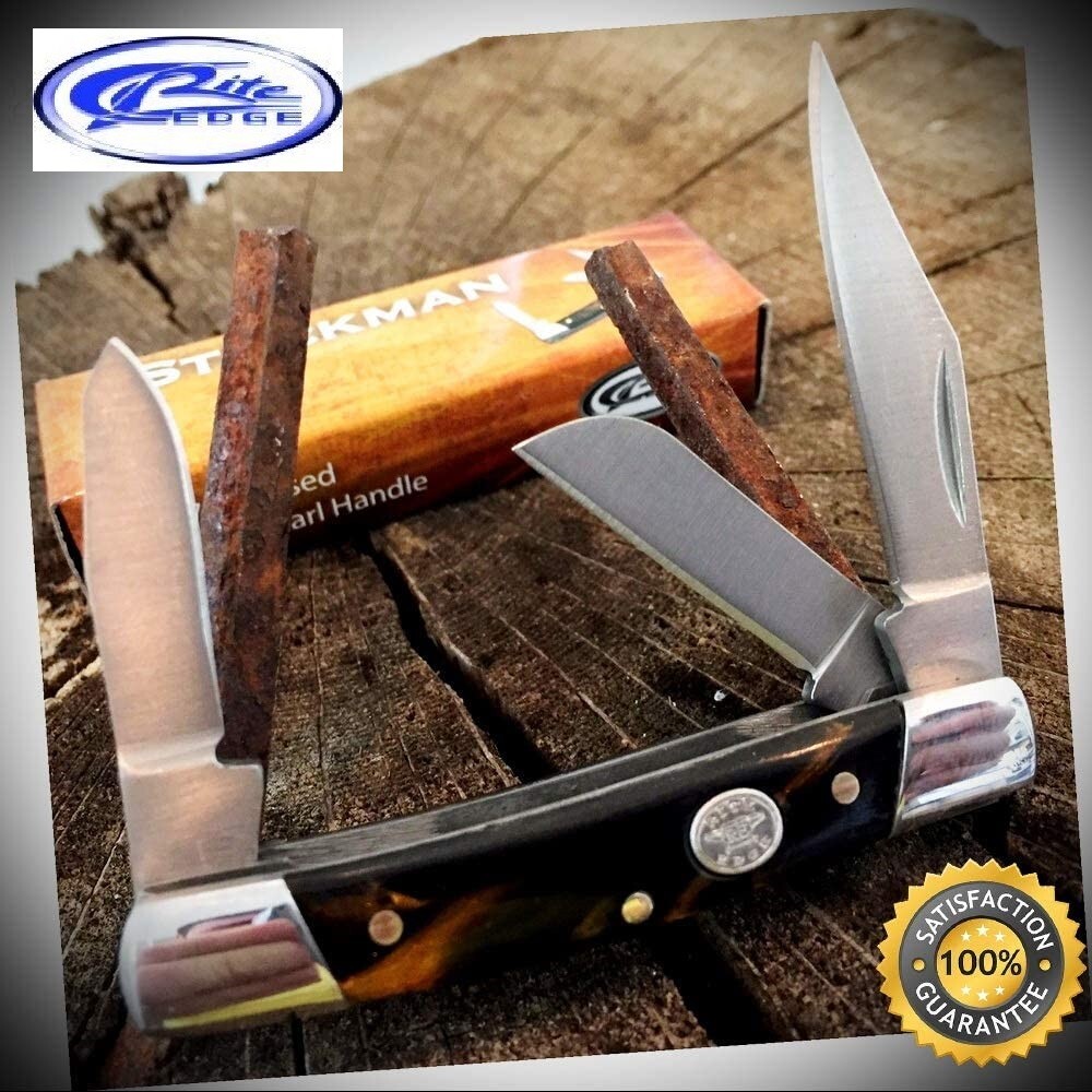 Small Stockman 3 Blade Folding Pocket Knife - Black Pearl Handles - 72-BK