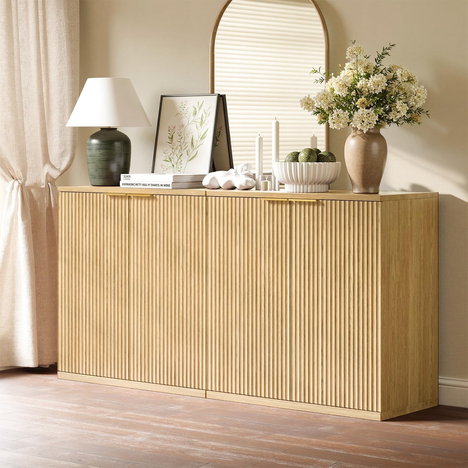 63" Oak Buffet Cabinet with Storage Large Sideboard Cabinet