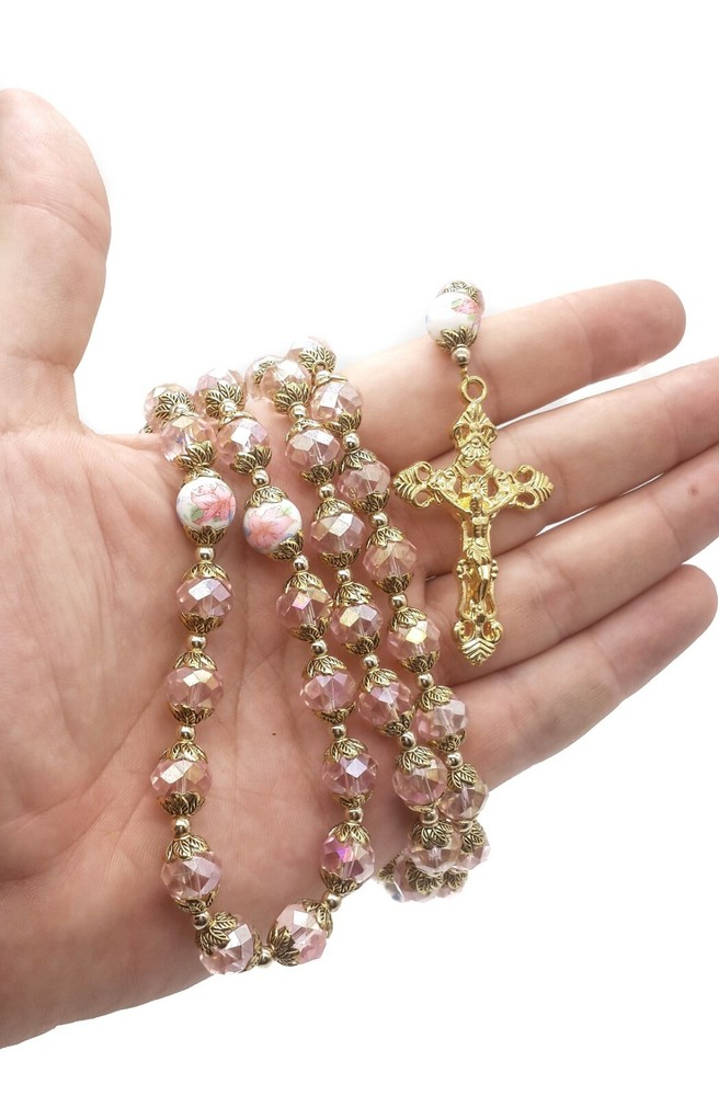 Pink Crystallized Beads Gold Rosary Catholic Holy Mary Locket Medal & Crucifix