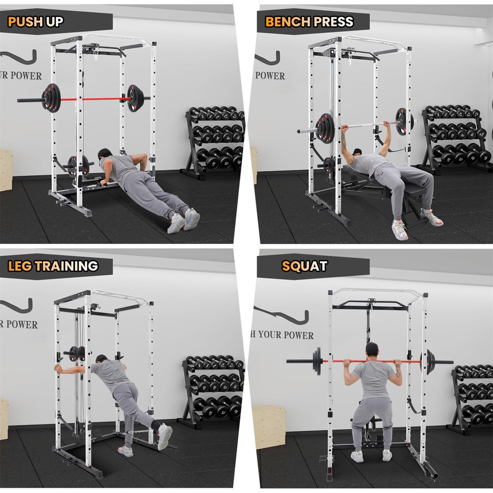 🔥Power Cage W/LAT Pulldown Multi-Functional Power Rack W/Cable Pulley System