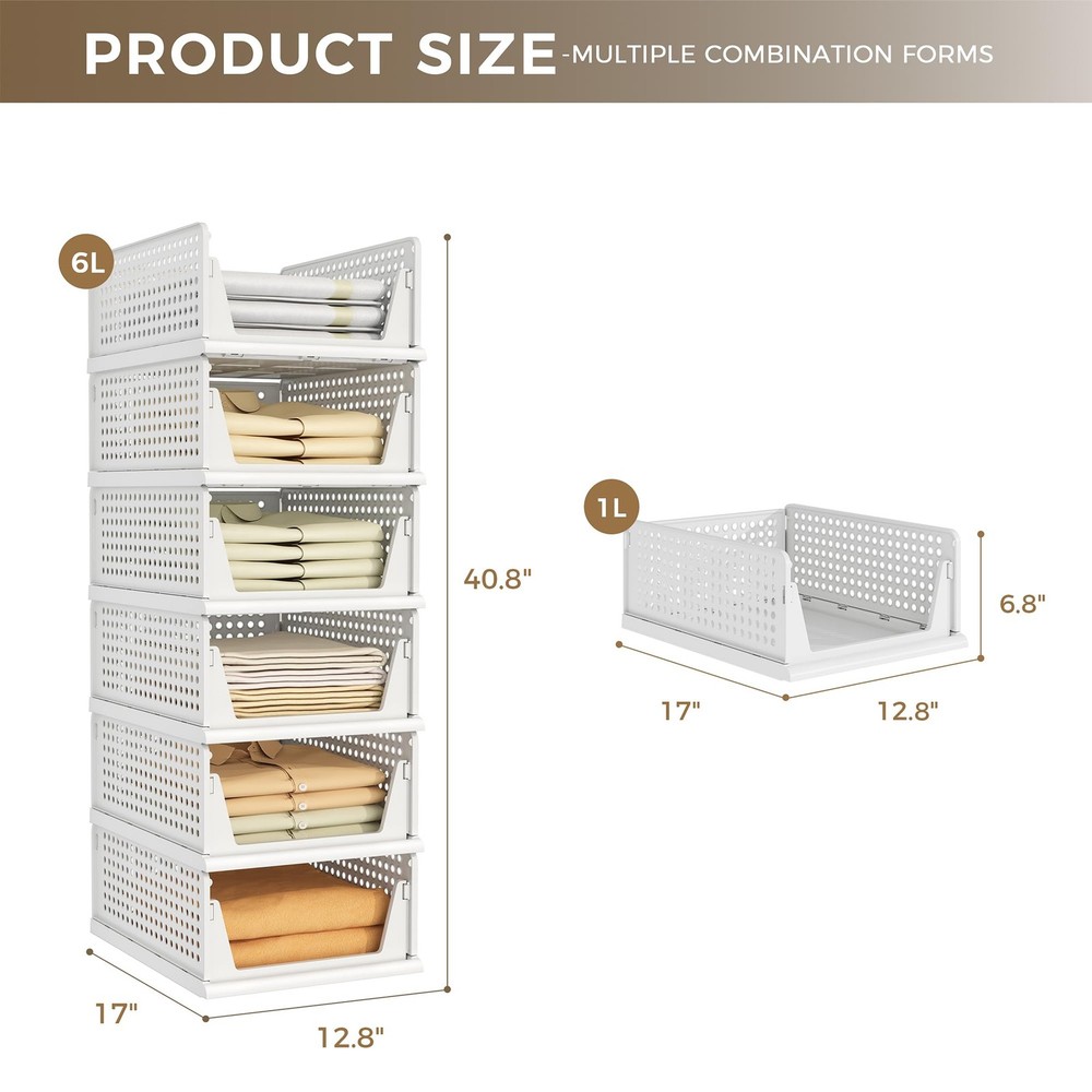 6-Pack Stackable Storage Bins for Closet, Bedroom, Bathroom, Office