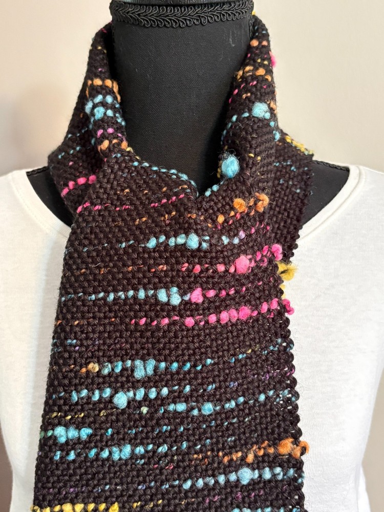 Black Handwoven Scarf Embellished with Multi-Colored Wool Locks
