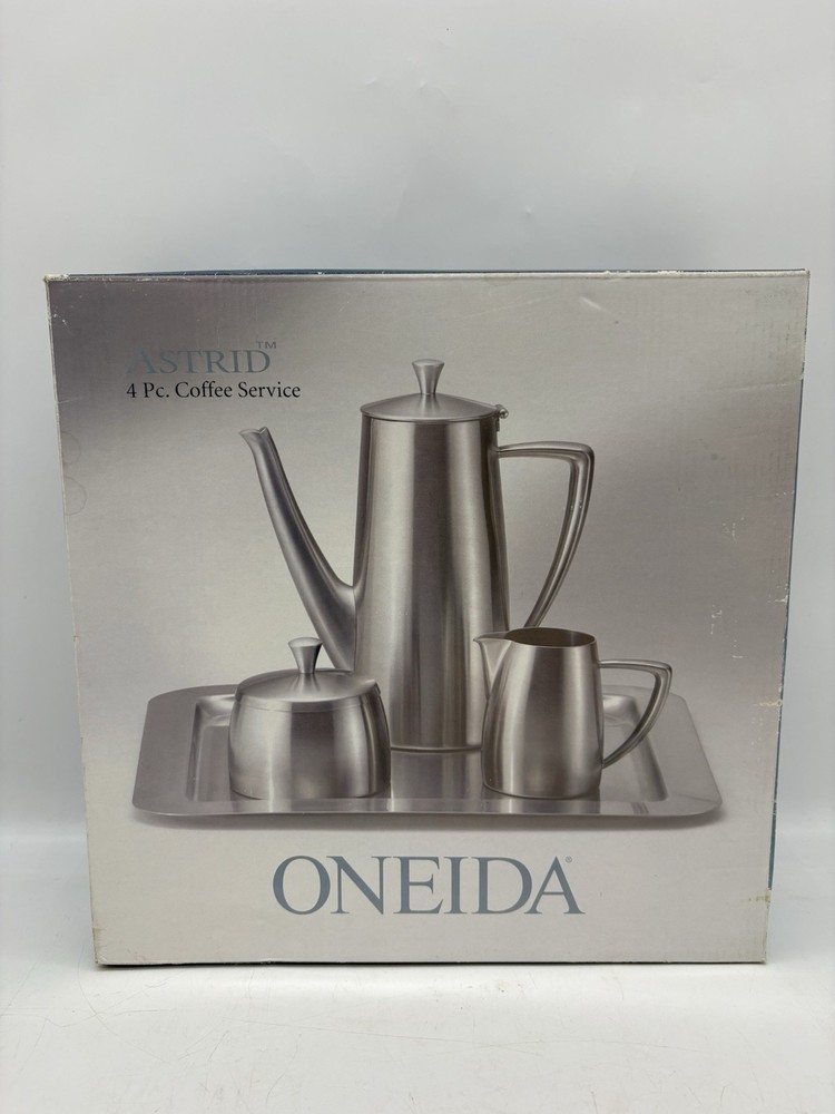 New ONEIDA ASTRID 4 Pc. Coffee Service Stainless Steel 40oz Pot Tray Cream/Sugar