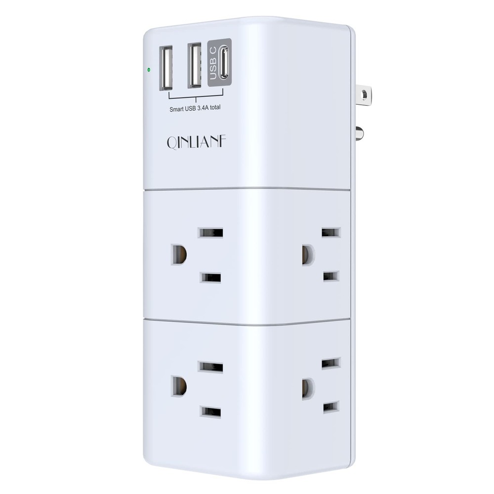 USB Outlet Extender Surge Protector - QINLIANF Rotating 6 Outlets, White