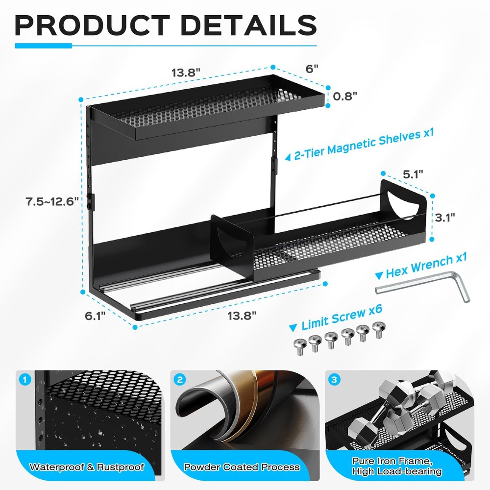 2 Tier Magnetic Storage Shelf with Pull Out Drawer Height Adjustable Organizer