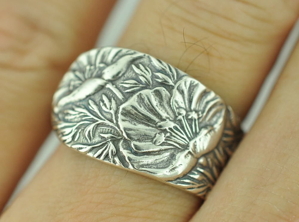 Solid 925 Sterling Silver Poppy Flower Floral Adjustable Spoon Ring