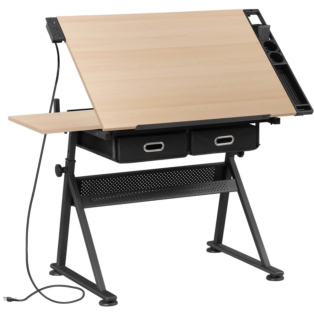 Adjustable Drafting Drawing Table Tiltable Tabletop w/ Stool & Outlet Natural