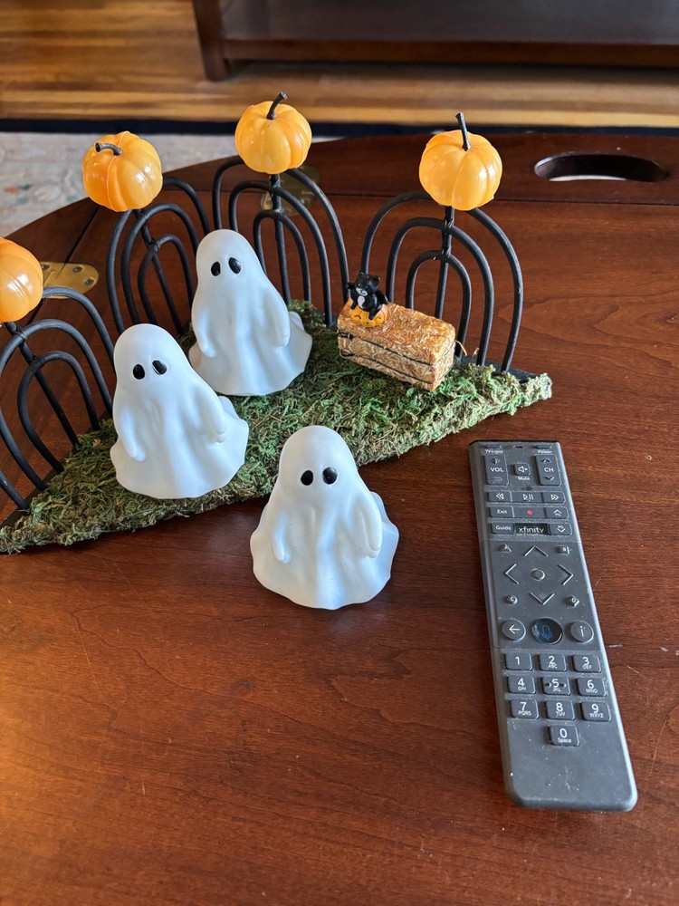 Halloween Spooky Ghost Scene w/Black Cat & Pumpkins