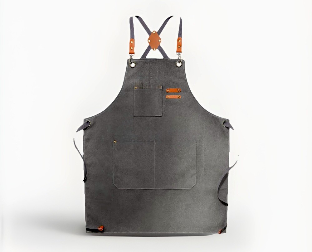 Gray Canvas Leather Chef Work Apron with Multiple Pockets & Adjustable Straps