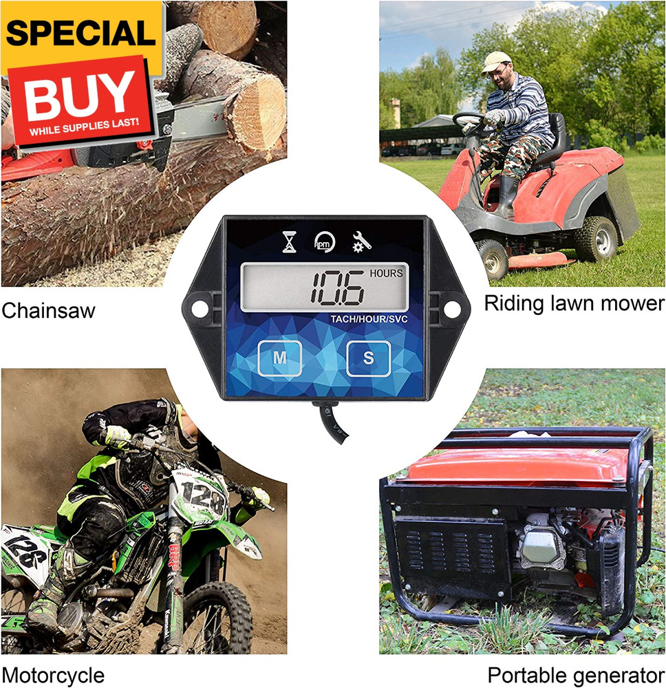 Small Engine Hour Meter, Digital Tachometer, Maintenance Reminder, Battery Repla