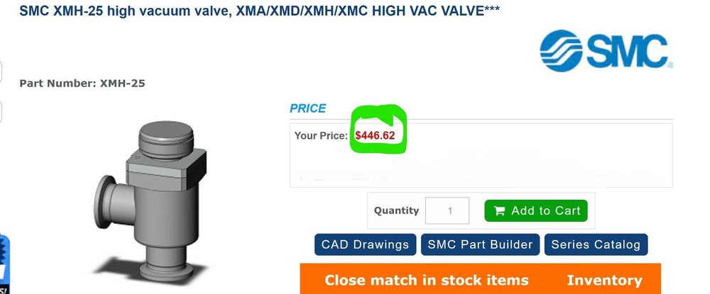 SMC XMH-25 ANGLE VALVE, INLINE, HIGH VACUUM, SS, Working Pull [A3B4]