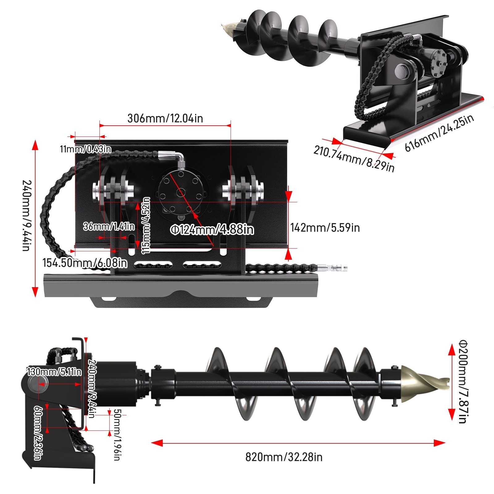 Hydraulic Auger Post Hole Drill Attachment for Mini Skid Steer