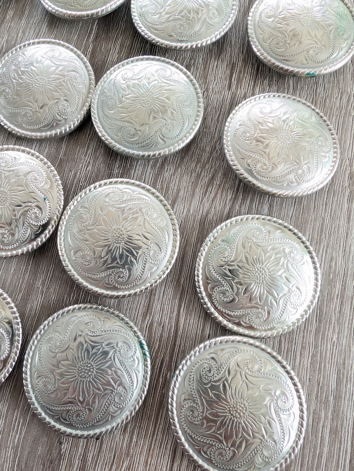 Vintage Handmade Silver Conchos Rope Edge Sunflower Engraved Set Of 16