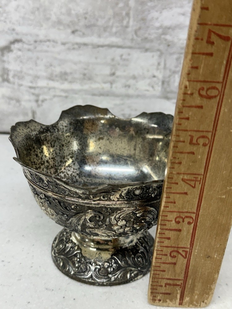 Vintage Repousse Silver Plated Ornate Floral Scroll Candy Dish Compote Bowl