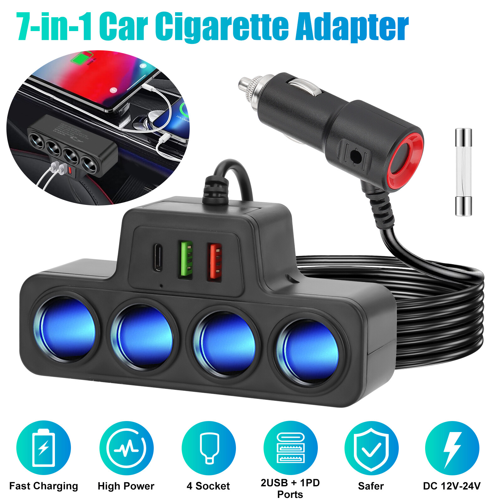 7-in-1 4Way Car Cigarette Lighter Socket Splitter Fast Charger Power Adapter 12V