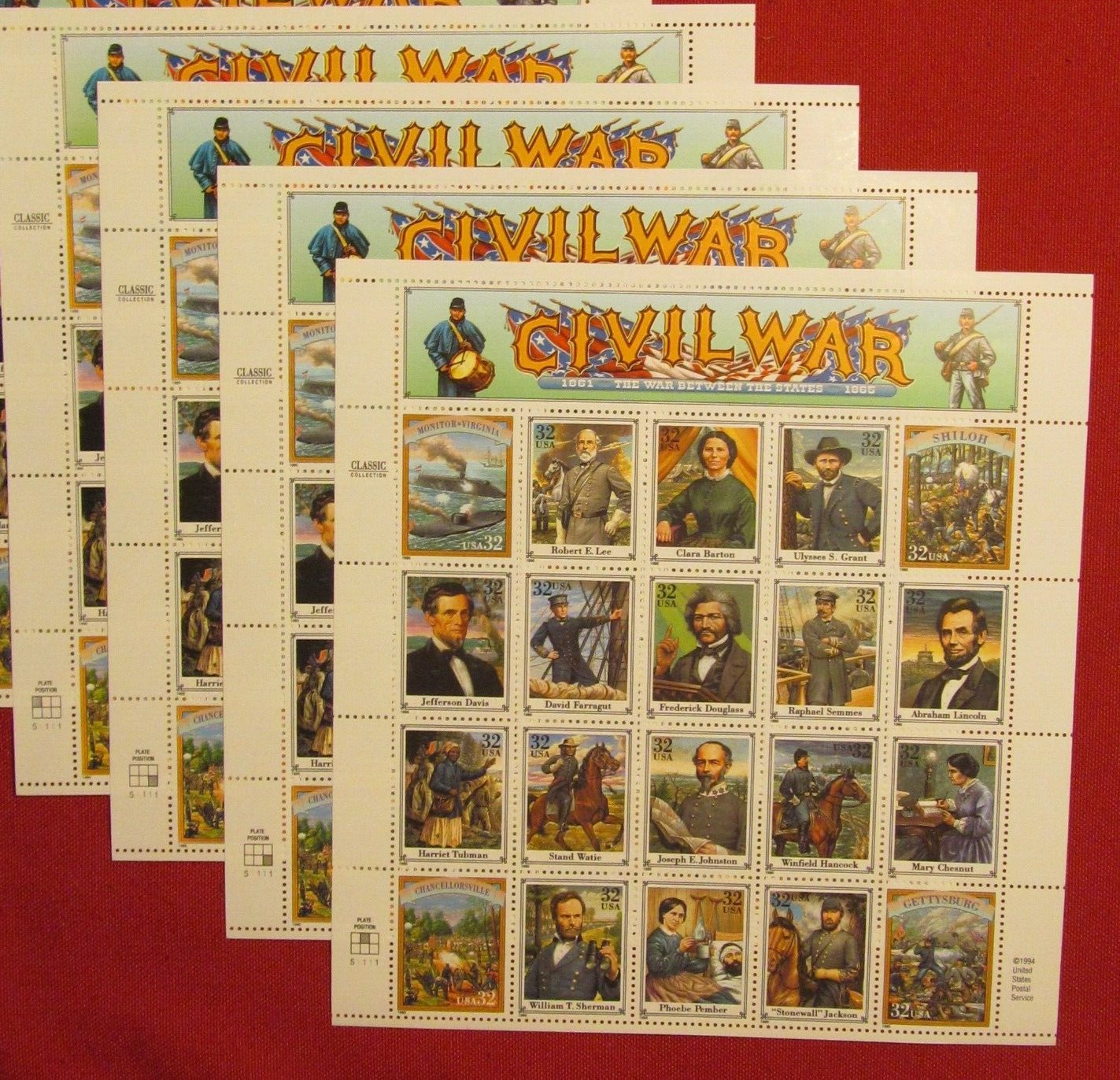Four Sheets x 20 = 80 of American CIVIL WAR 32¢ US USA Postage Stamps. Sc # 2975