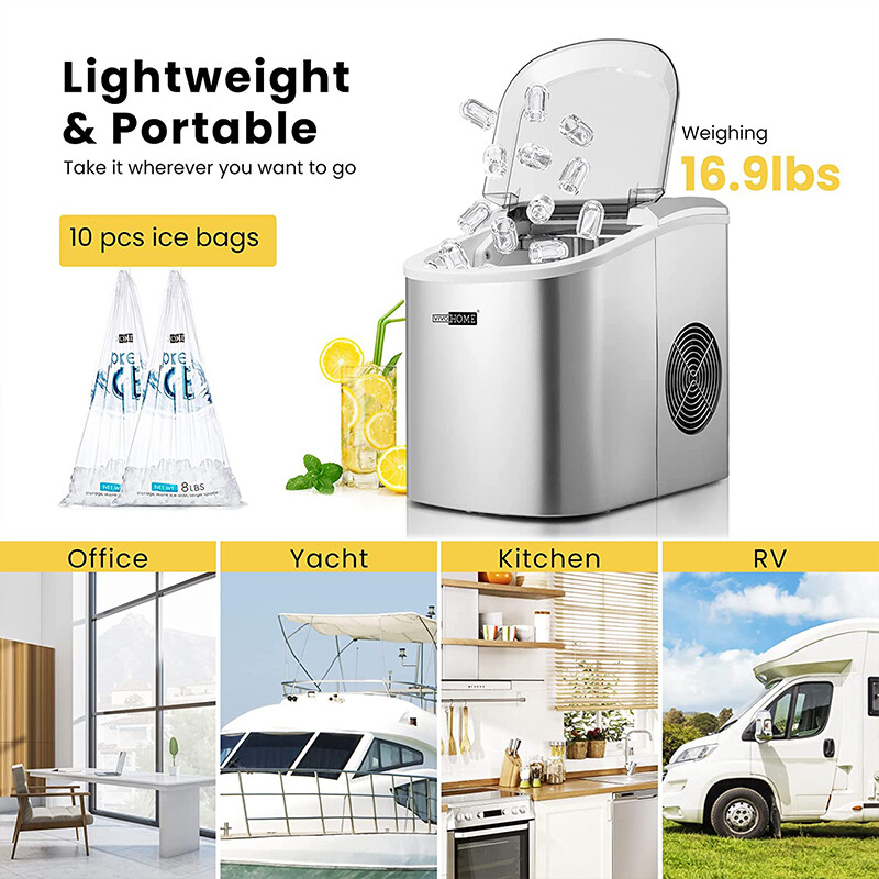 Electric Ice Cube Maker Machine w/ 10 Ice Bag, Self Cleaning Function 27lbs/Day