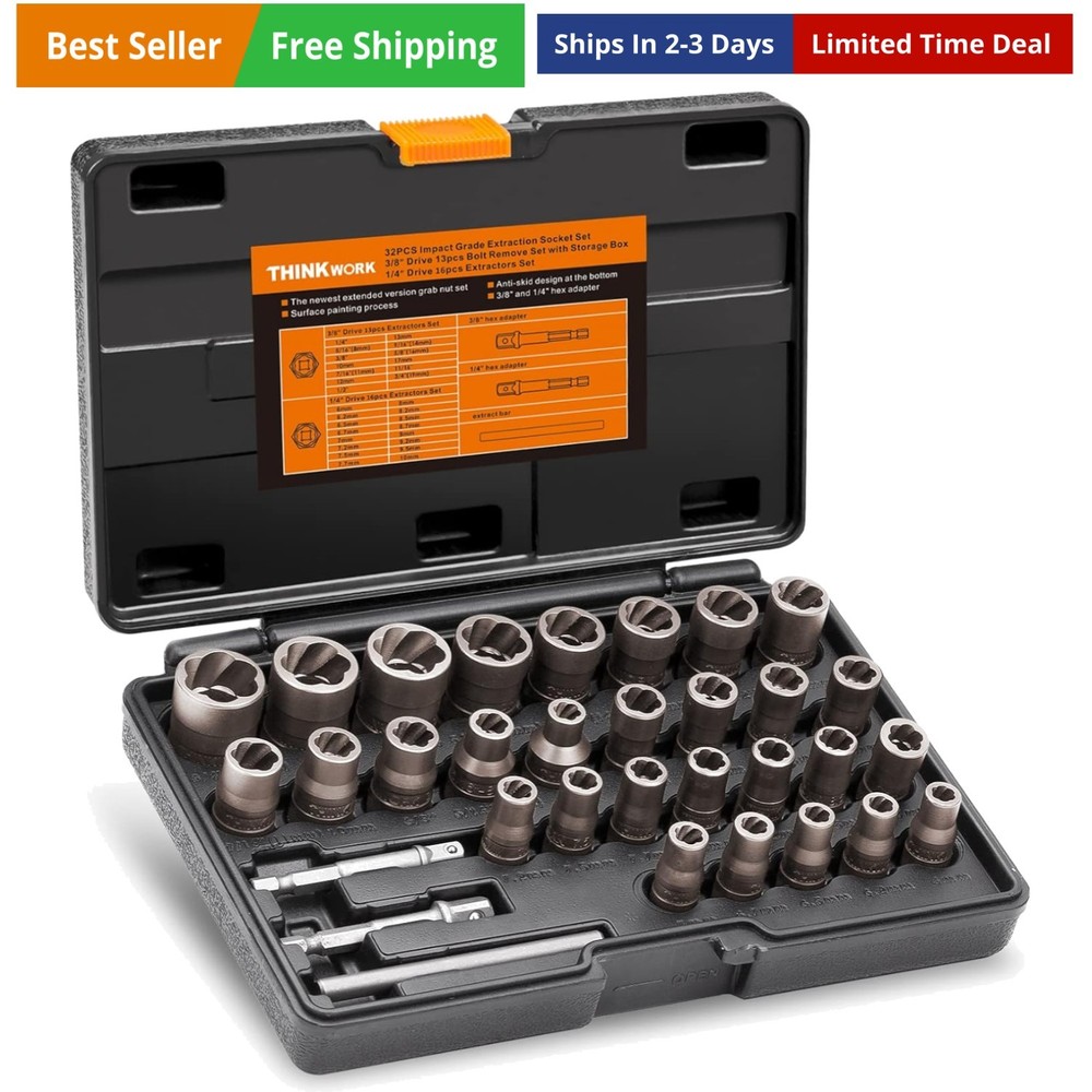 Bolt Extractor Kit, 32-Piece Nut Extractor Socket Set, 1/4" & 3/8" Drive Roun...