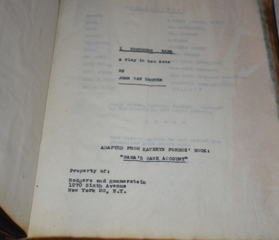 I Remember Mama Original Broadway Play Script Rodgers & Hammerstein Rare Bound