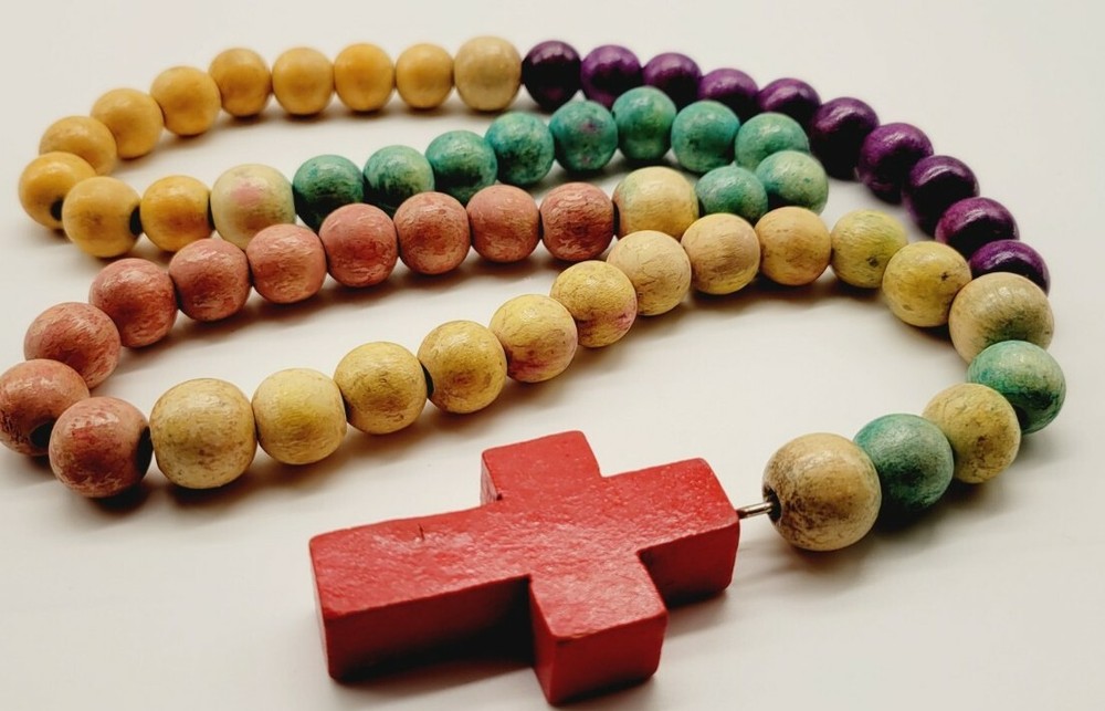 Chunky Wood Beaded Rosary Multicolor 21 in Purple Green Distressed HUGE