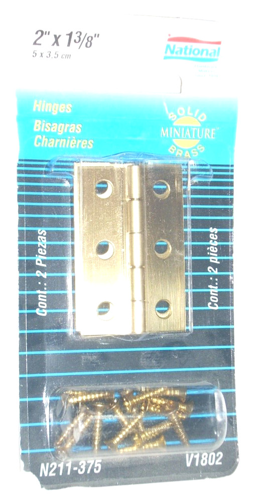 National N211-375 Mini Solid Brass Hinges 2 x 1 3/8" w Hardware 2pk