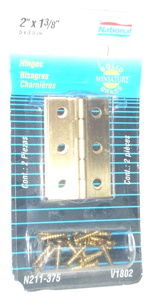 National N211-375 Mini Solid Brass Hinges 2 x 1 3/8" w Hardware 2pk