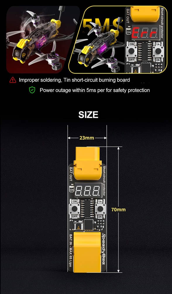 SpeedyBee Anti Short Circuit Module 1A/2A Current Limiting For RC Flight Stack