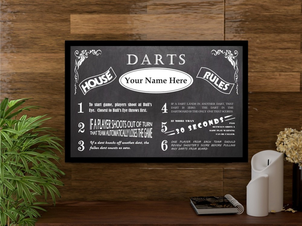 PERSONALIZED VINTAGE CHALKBOARD LOOK DARTS RULES POSTER - FRAMED