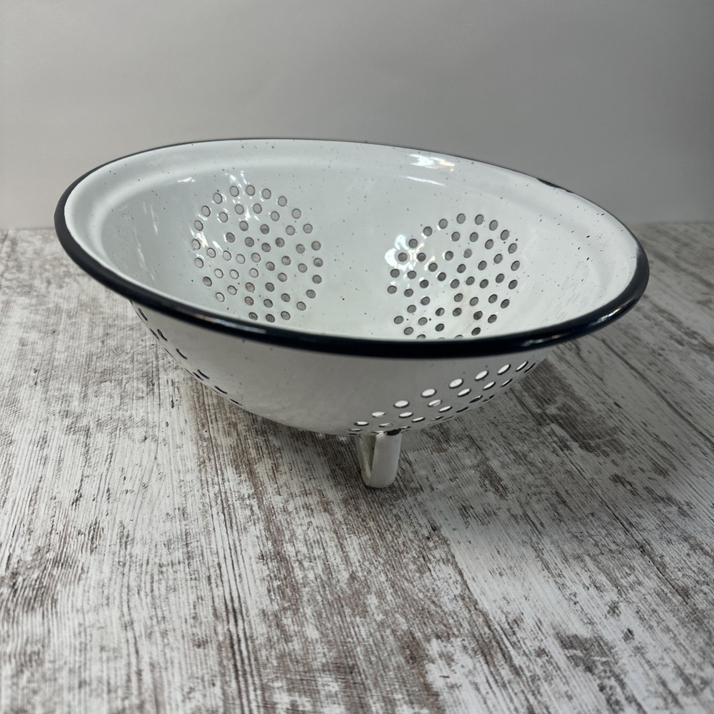 Vintage White Enamelware Colander Strainer 9.5”