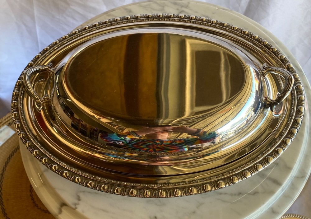 Oval Silverplate Covered Serving Dish Handles Beaded Edge