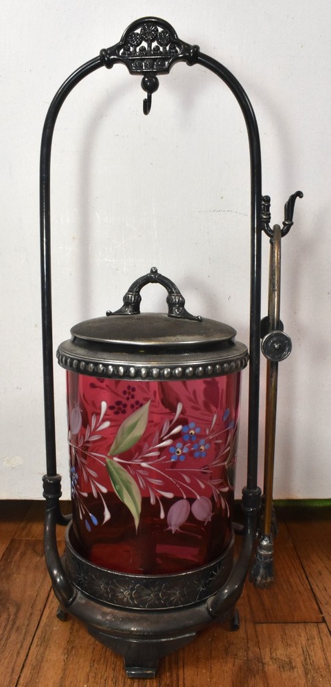 Antique Victorian Meriden Silver Plate Panel-Optic Enamel Decorate Pickle Caster