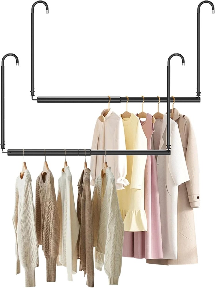 Hanging Closet Rod Adjustable Width Height Black(2 Pack), 2 Pack Black