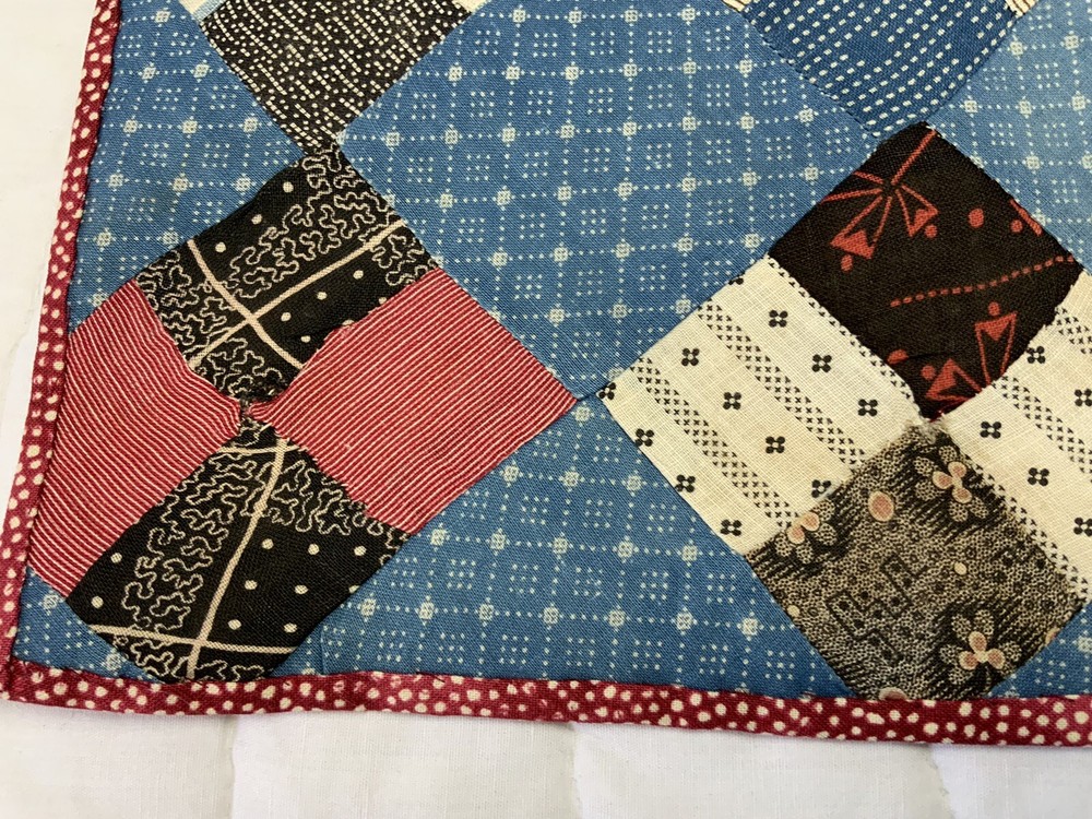 Vintage Antique Patchwork Quilt Table Topper, Four Patch, Blue, Multi