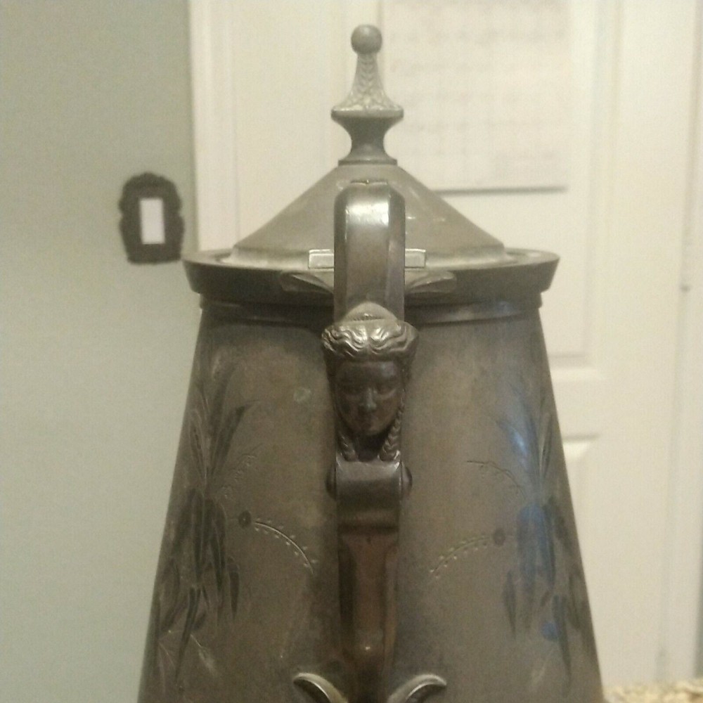 Meridian B Co Silver Plate Devil Pitcher Ceramic Liner 1868 Victorian 13.5"