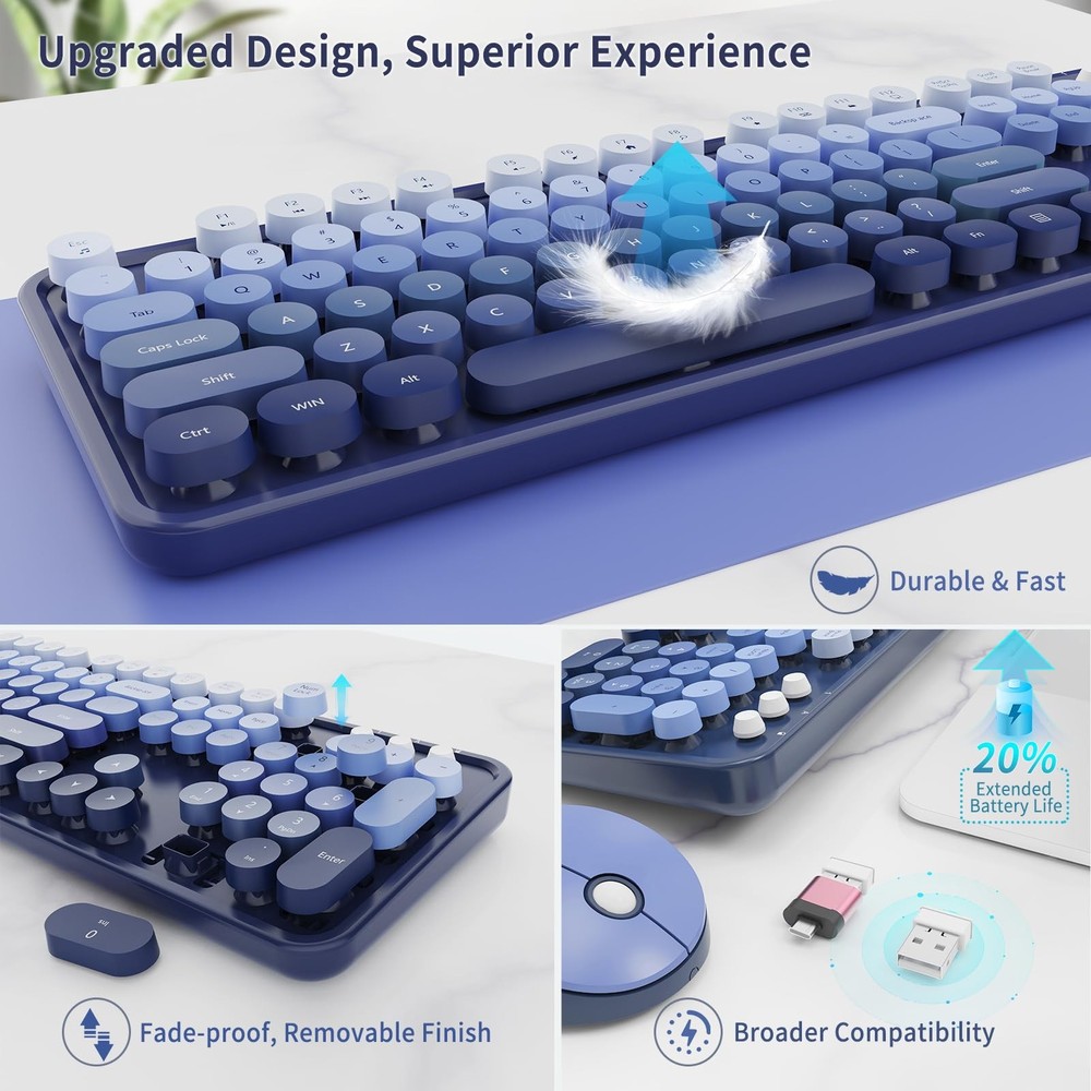 Wireless Keyboard and Mouse Combo, Retro Typewriter Keyboard with Round Keyca...