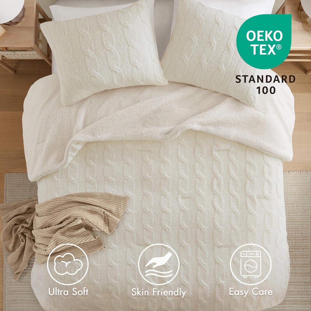 Ellis Cable Knit Comforter Set – Soft Fluffy Chenille with Sherpa Reverse, Co...