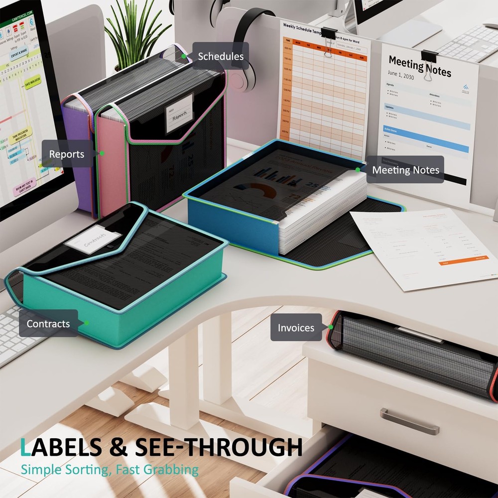 Plastic Expanding File Folder, Black Transparent Envelopes with Snap Closure,...