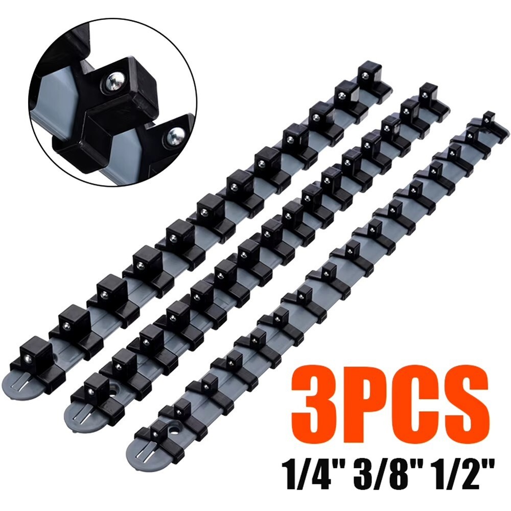 3PC Socket Organizer Mountable Sliding Holder Rail Rack Tool Storage 1/4 3/8 1/2