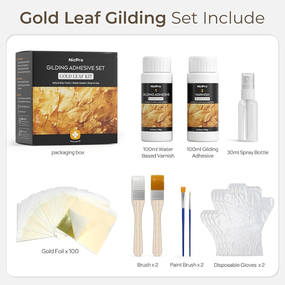 Eco-Friendly Gold Leaf Adhesive Kit with 100 Sheets & Easy Application Tools