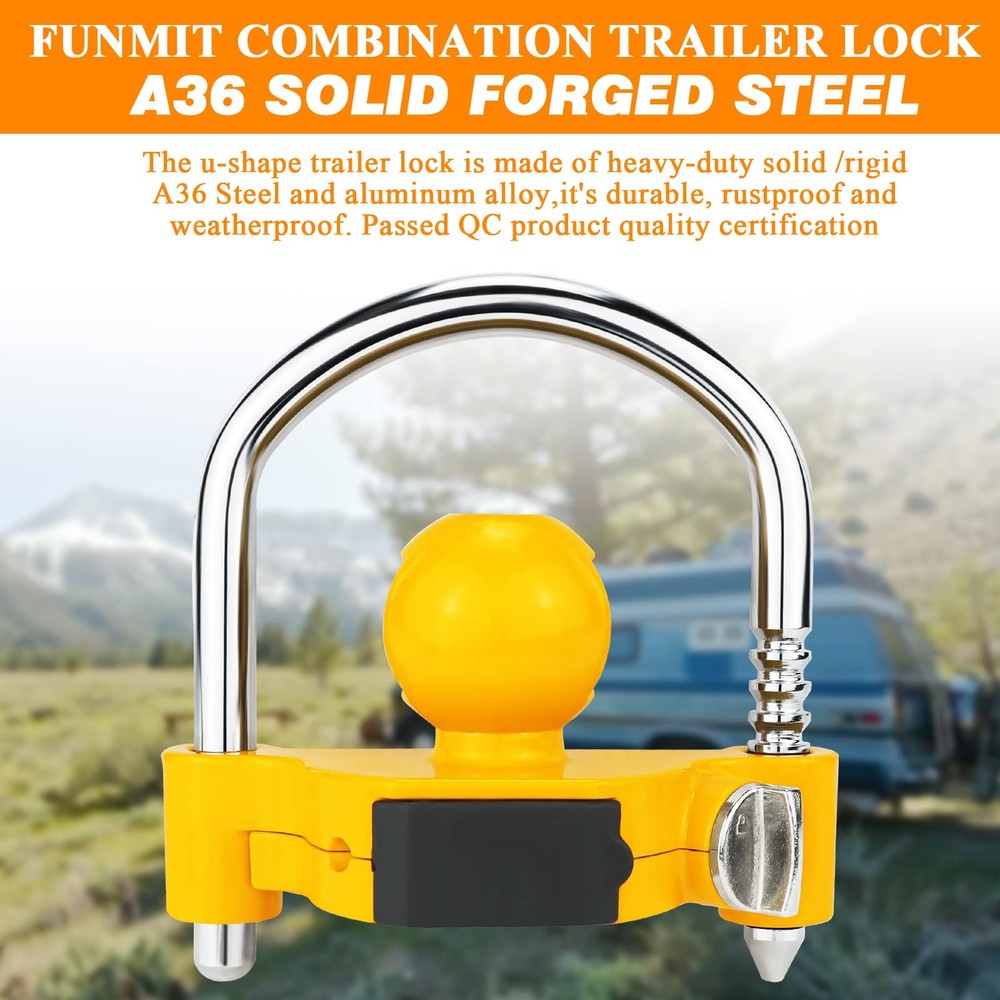 Funmit Trailer Lock Universal Hitch with key combination, Yellow
