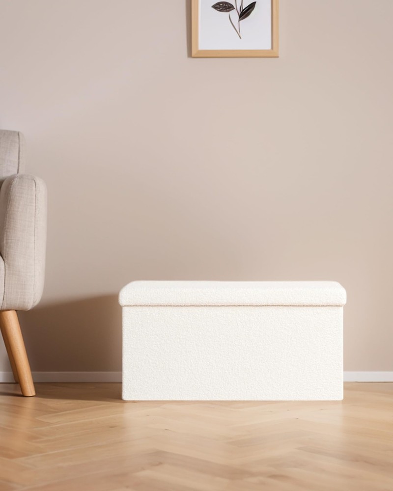 30 Inch Storage Ottoman Bench, Boucle Folding Ottoman Footstool, Rectangular ...
