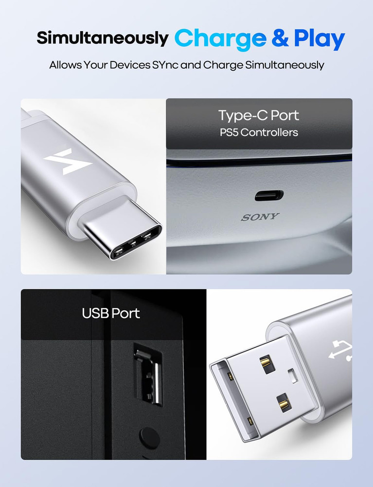 White PS5 USB C Charging Cable 10ft, Long Controller Charger
