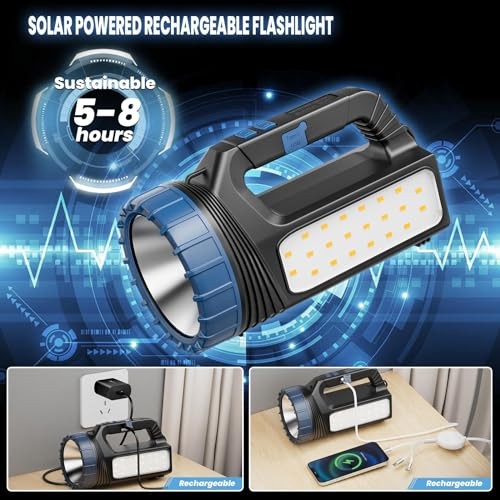 Solar Flashlight，Solar Powered Flashlight for Multi Function 8000 Lumens with 1