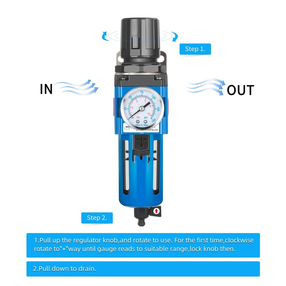 Compressed Air Filter Regulator Combo Piggyback, 5 Micron Brass 3/4" NPT