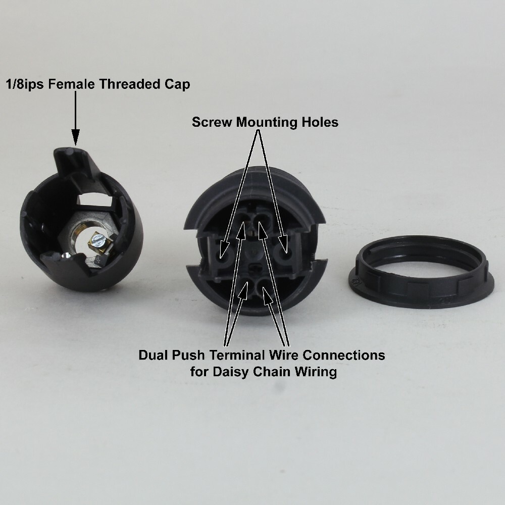 E-12 BLACK PLASTIC THREADED SKIRT LAMP SOCKET WITH SHADE RING SOE12G