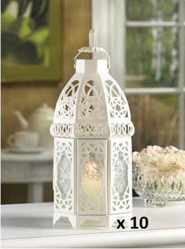 2 WHITE LATTICE LANTERNS - 12" HIGH - IRON & GLASS