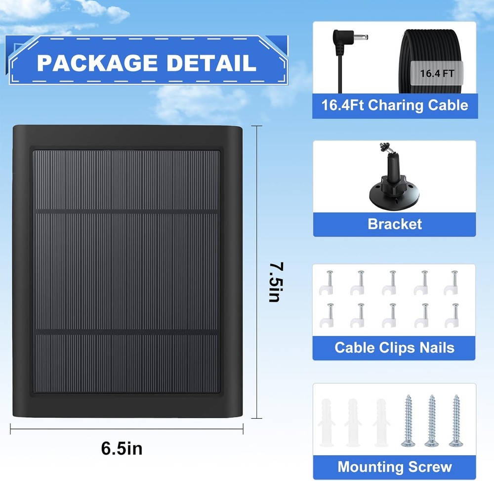 Solar Panel for Camera 5W Charger Compatible with Ring 1 Pack, Black