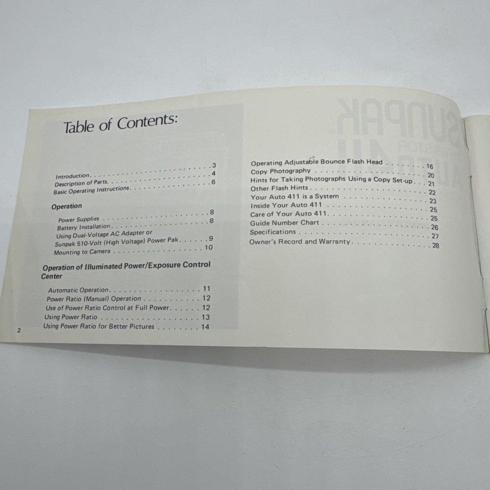 SUNPAK AUTO 411 THYRISTOR FLASH INSTRUCTION BOOK/164280