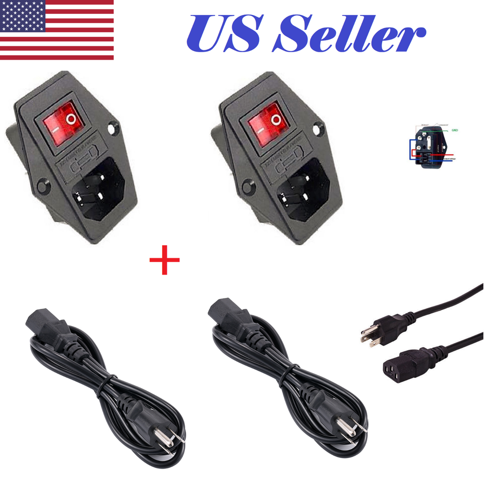 2X Power Socket Panel mount 10A 120V Inlet Module Plug IEC320 +2X1.2m Power Cord