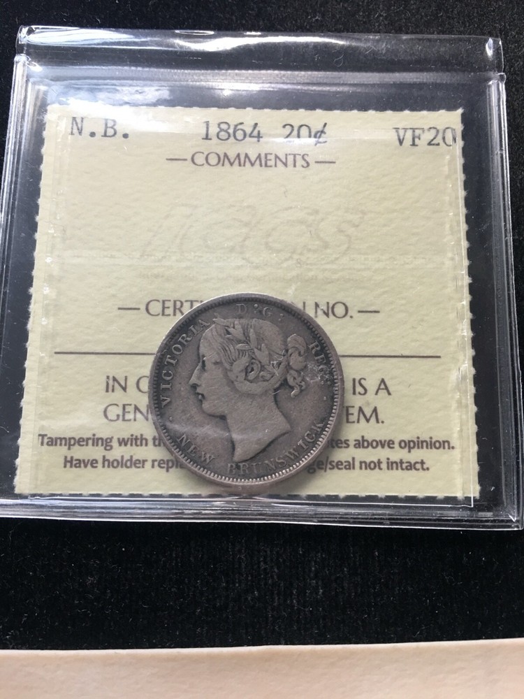1864  ICCS Graded New Brunswick Twenty Cent **VF-20**
